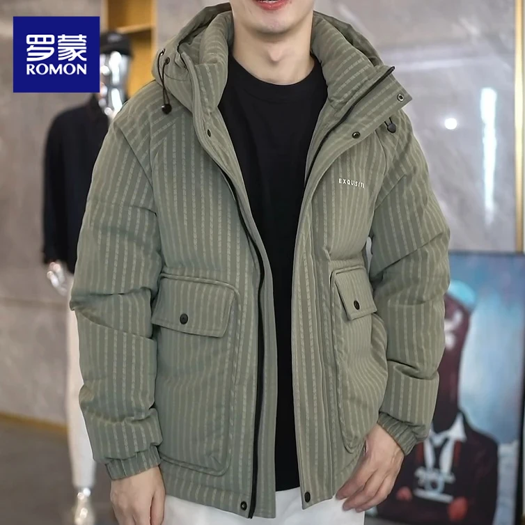 罗蒙保暖时尚潮牌痞帅店主风条纹免烫2025新款羽绒服男装韩版外套
