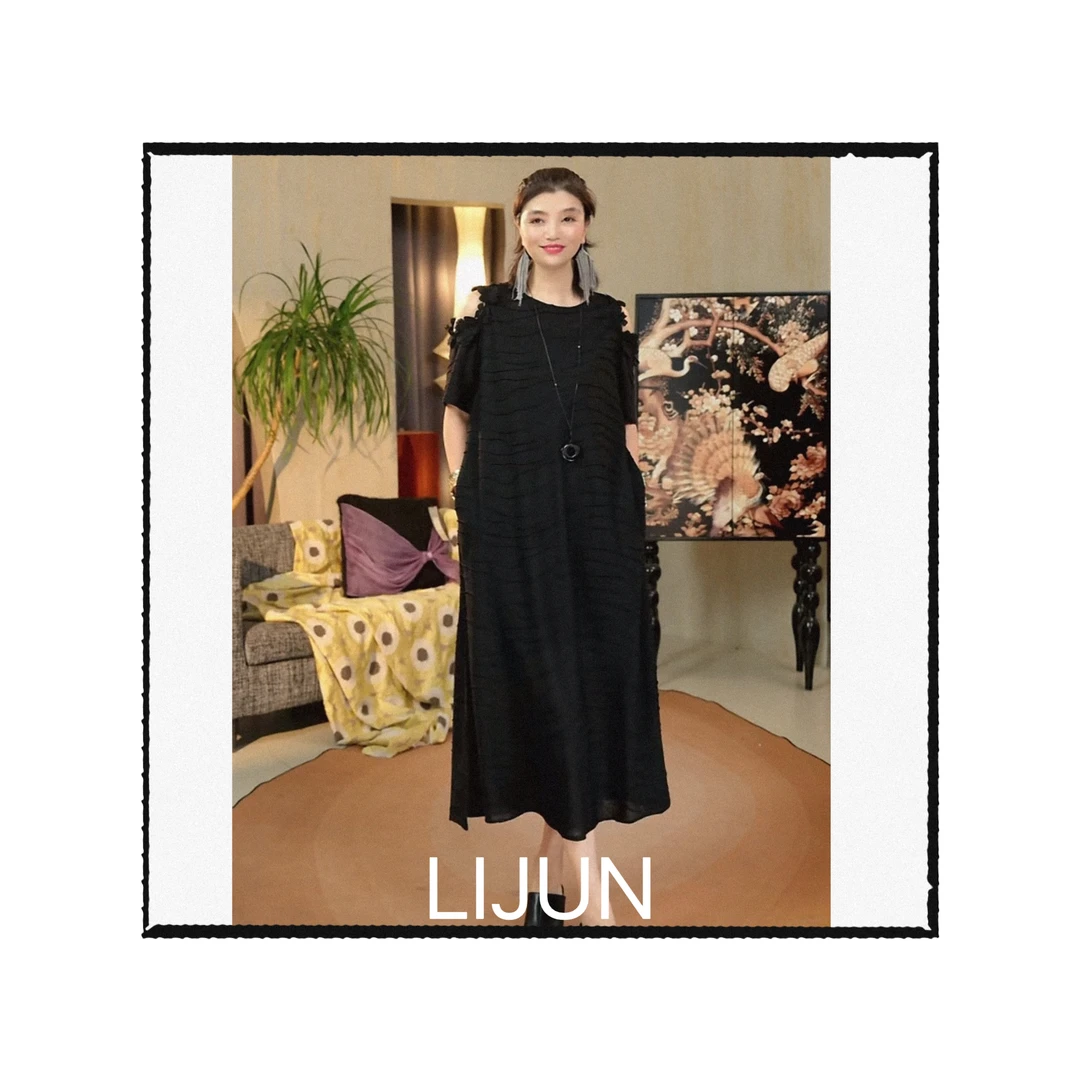 篱君2024夏季黑色新款连衣裙复古蕾丝花边露肩宽松显瘦短袖连衣裙