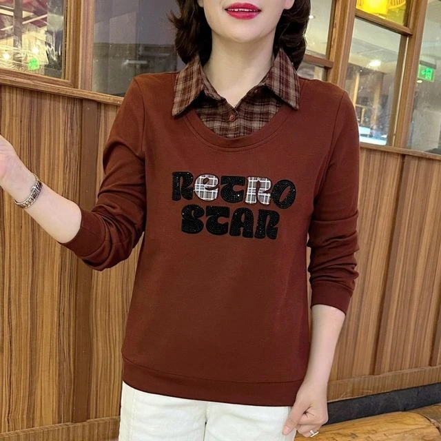 2025新款秋季新款时尚休闲印花假两件长袖卫衣洋气格子拼接上衣女