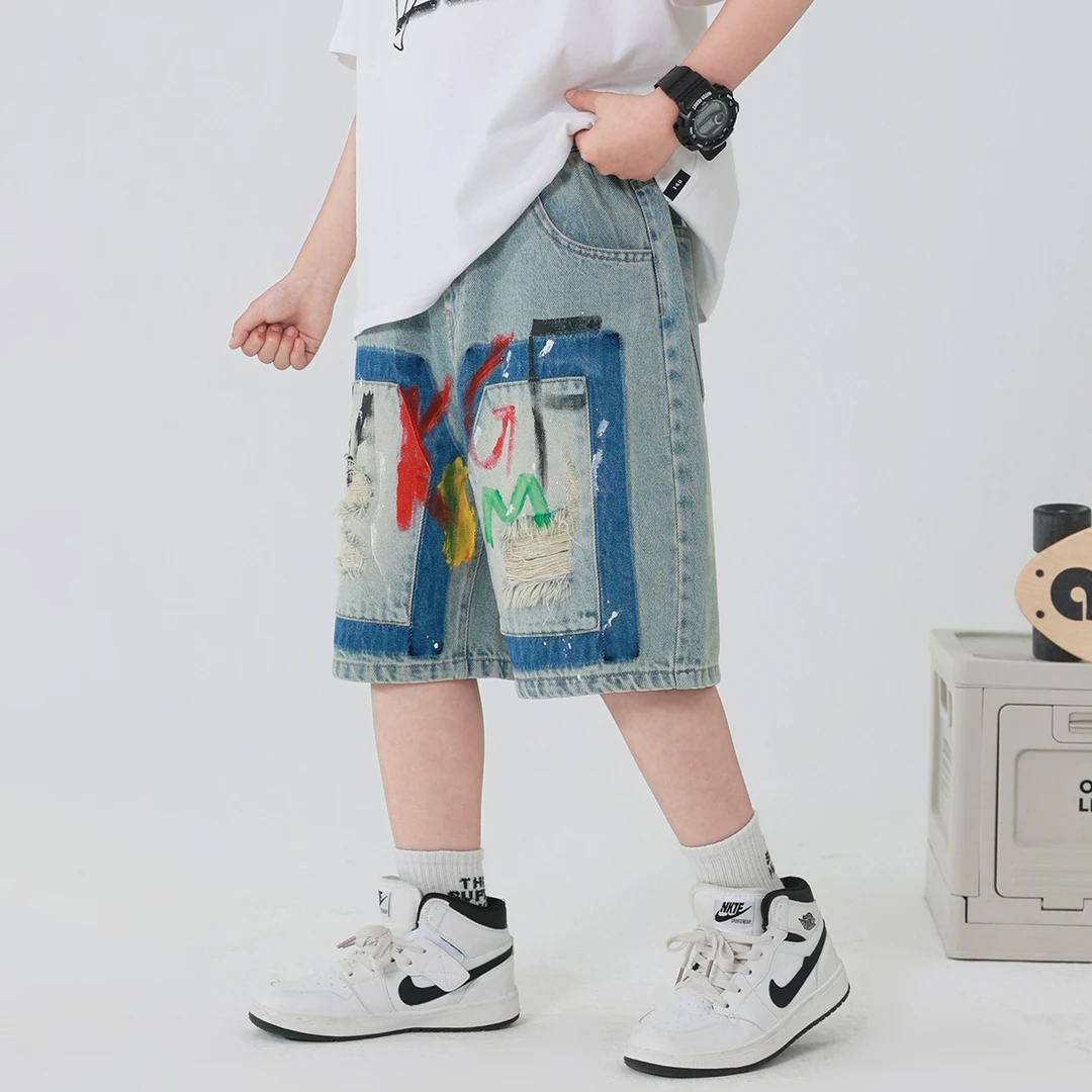 男童牛仔短裤洋气中大童夏装裤子2025新款夏季破洞五分裤男孩中裤