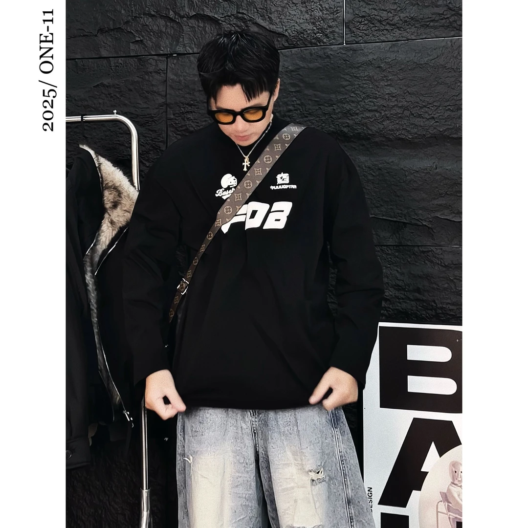 松弛感慵懒重磅潮牌宽松长袖t恤秋冬休闲印花男生体恤防晒打底