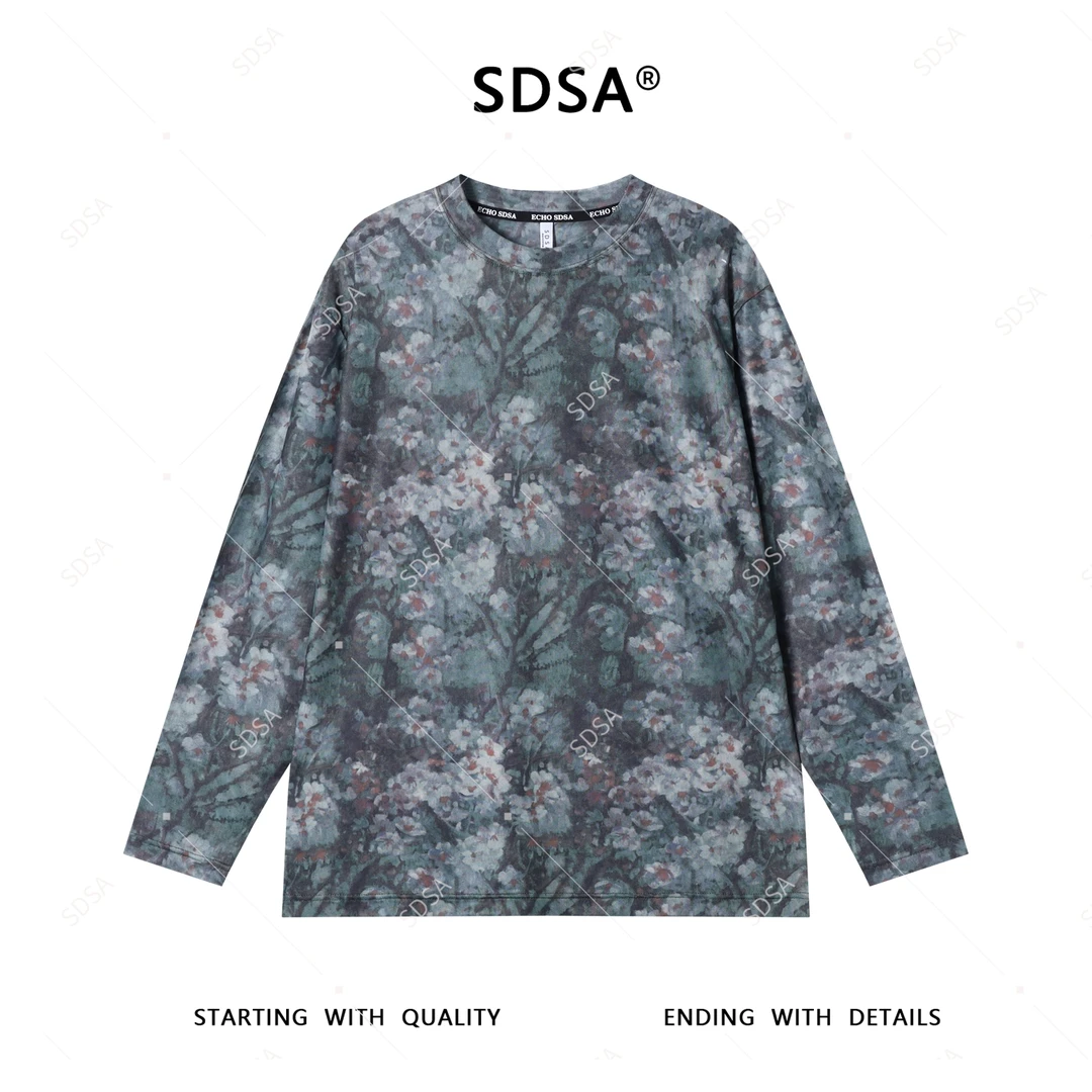 SDSA秋季新款男士痞帅设计师扎染植物花卉设计圆领长袖T恤宽松潮