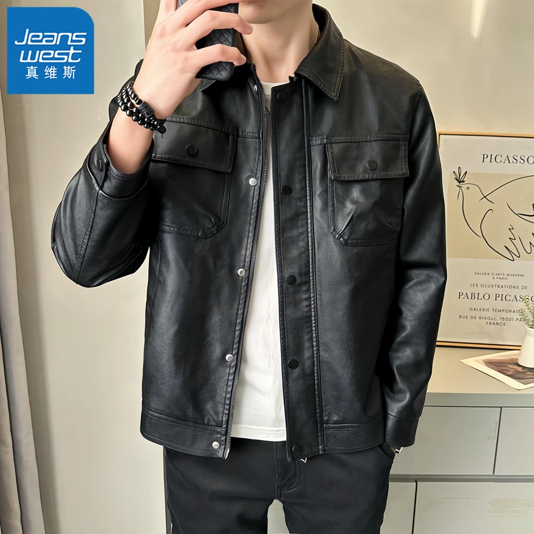 真维斯Jeanswest秋季男士休闲皮夹克百搭皮衣外套工装痞帅气上衣