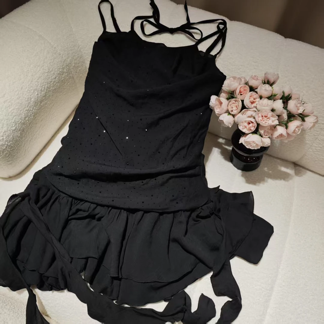 5516春夏新款钉珠吊带连衣裙细闪荷叶双层吊带连衣裙