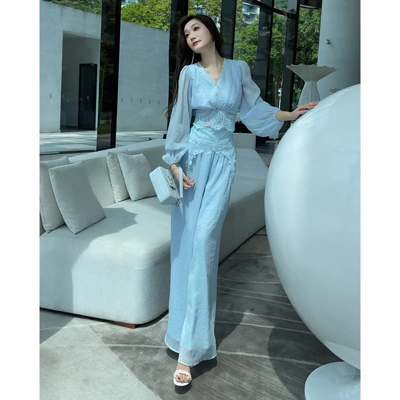 格润雅大方得体两件套新款韩版重工拼接v领上衣气质显瘦阔腿裤女