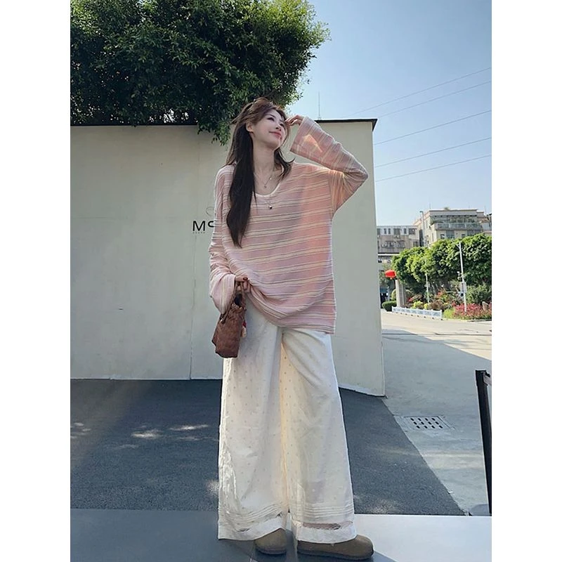 粉色条纹宽松显瘦百搭休闲长袖t恤女春秋季新款遮屁股打底衫上衣