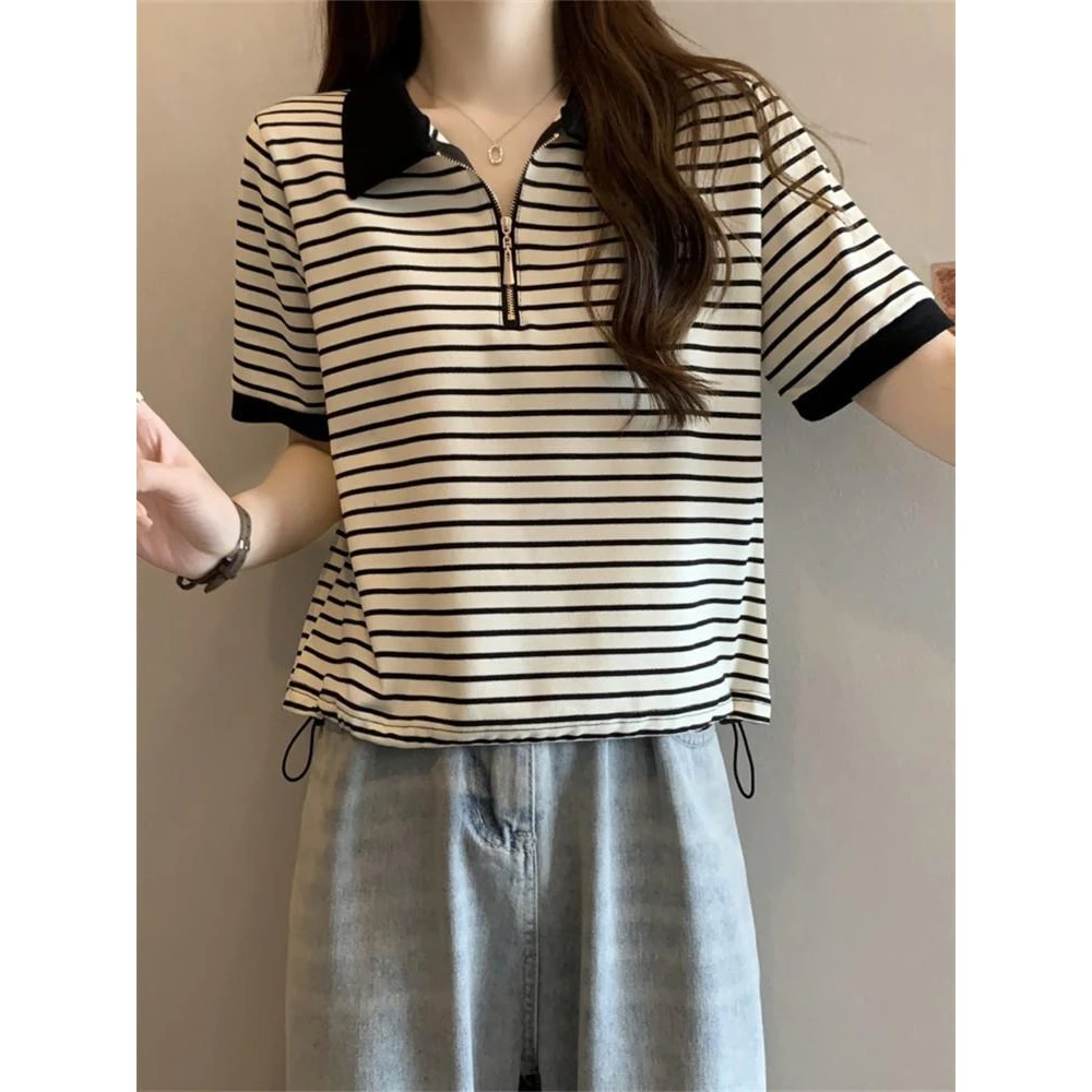 2-300斤大码女夏季宽松设计感半拉链短袖T恤胖mm遮肉显瘦条纹上衣