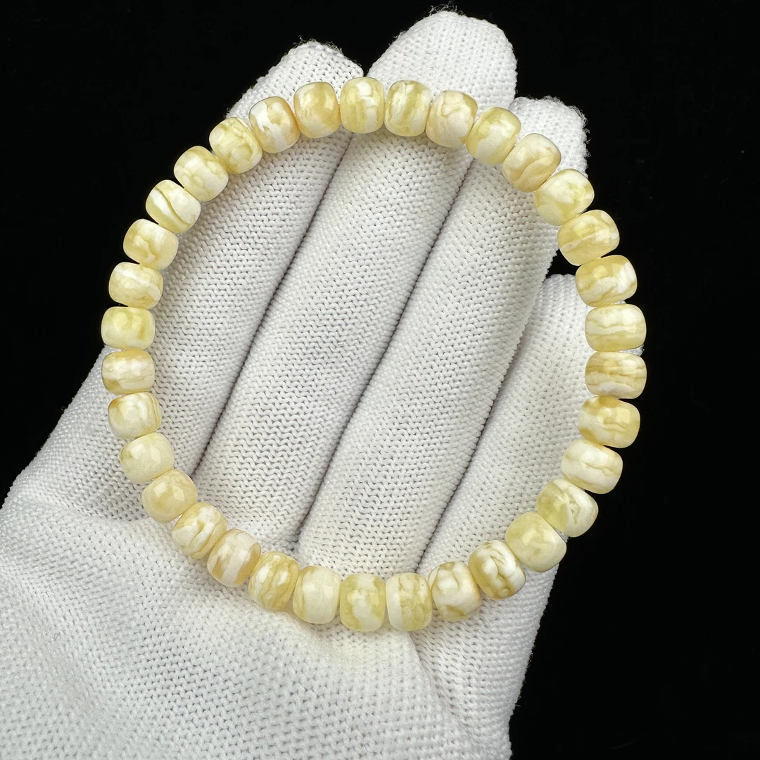 R2444天然原矿蜜蜡 瓷白花手串 6.7*5.5mm抖音基地质检发货
