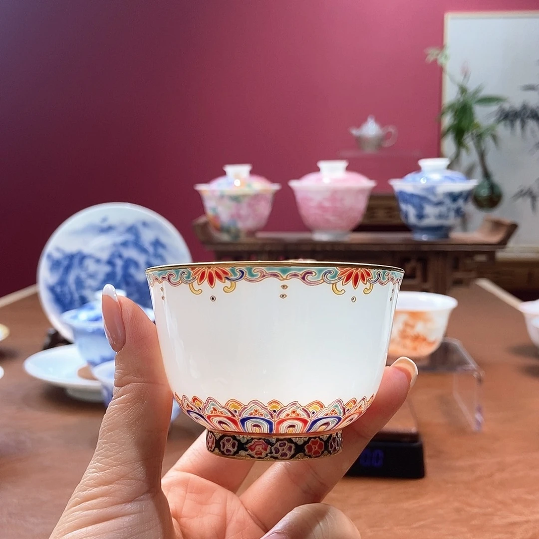 山月闲微瑕超薄胎脱胎瓷高温手工珐琅彩主人杯