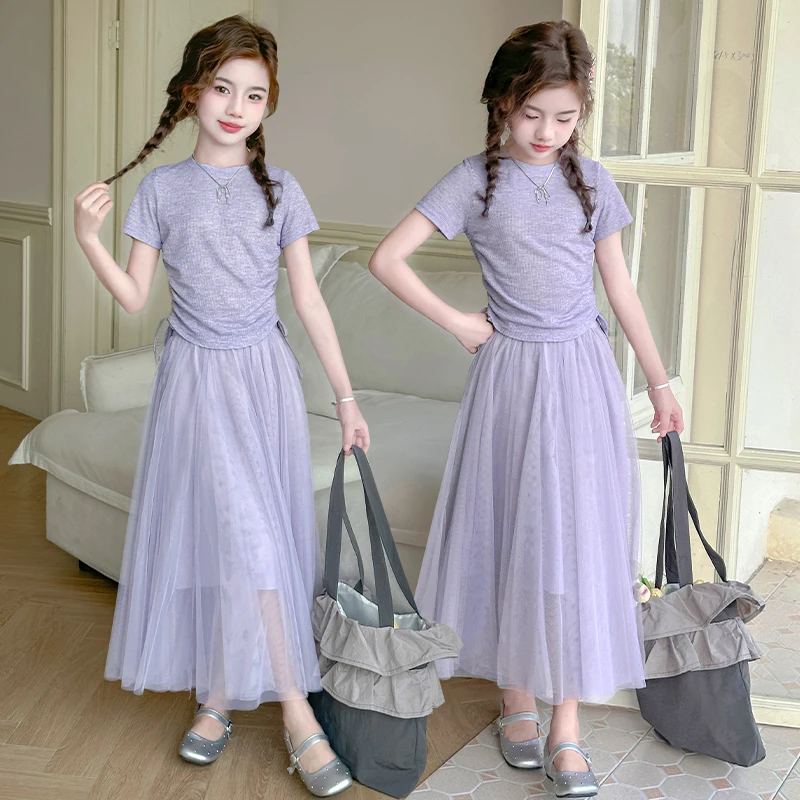 女童夏装裙子套装2025新款儿童洋气时髦短袖t恤中大童夏季网纱裙