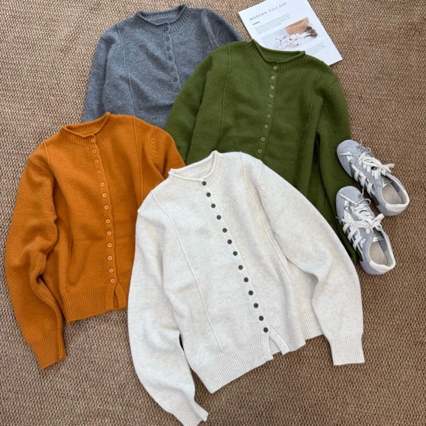 ［春春定制］新款韩版百搭修身显瘦女时尚纯色卷边针织长袖开衫6979