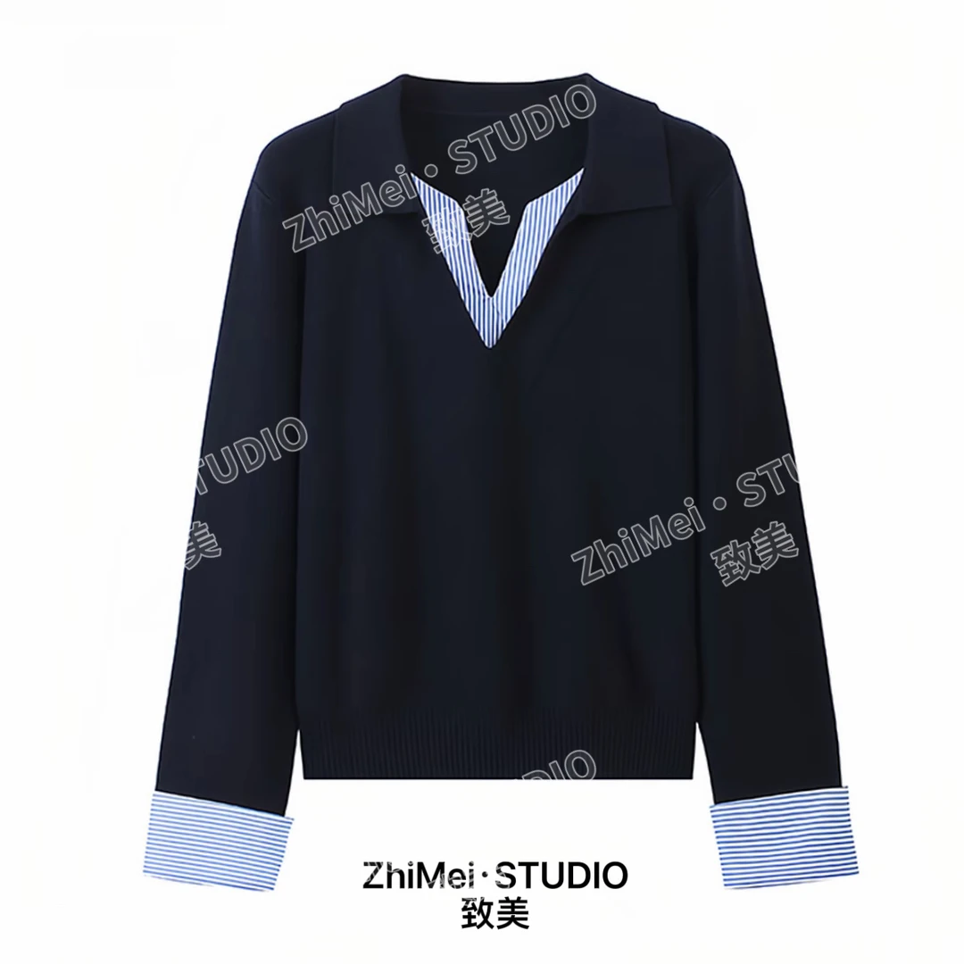 设计感假两件撞色拼接条纹针织衫女早秋新款小众显瘦V领长袖上衣