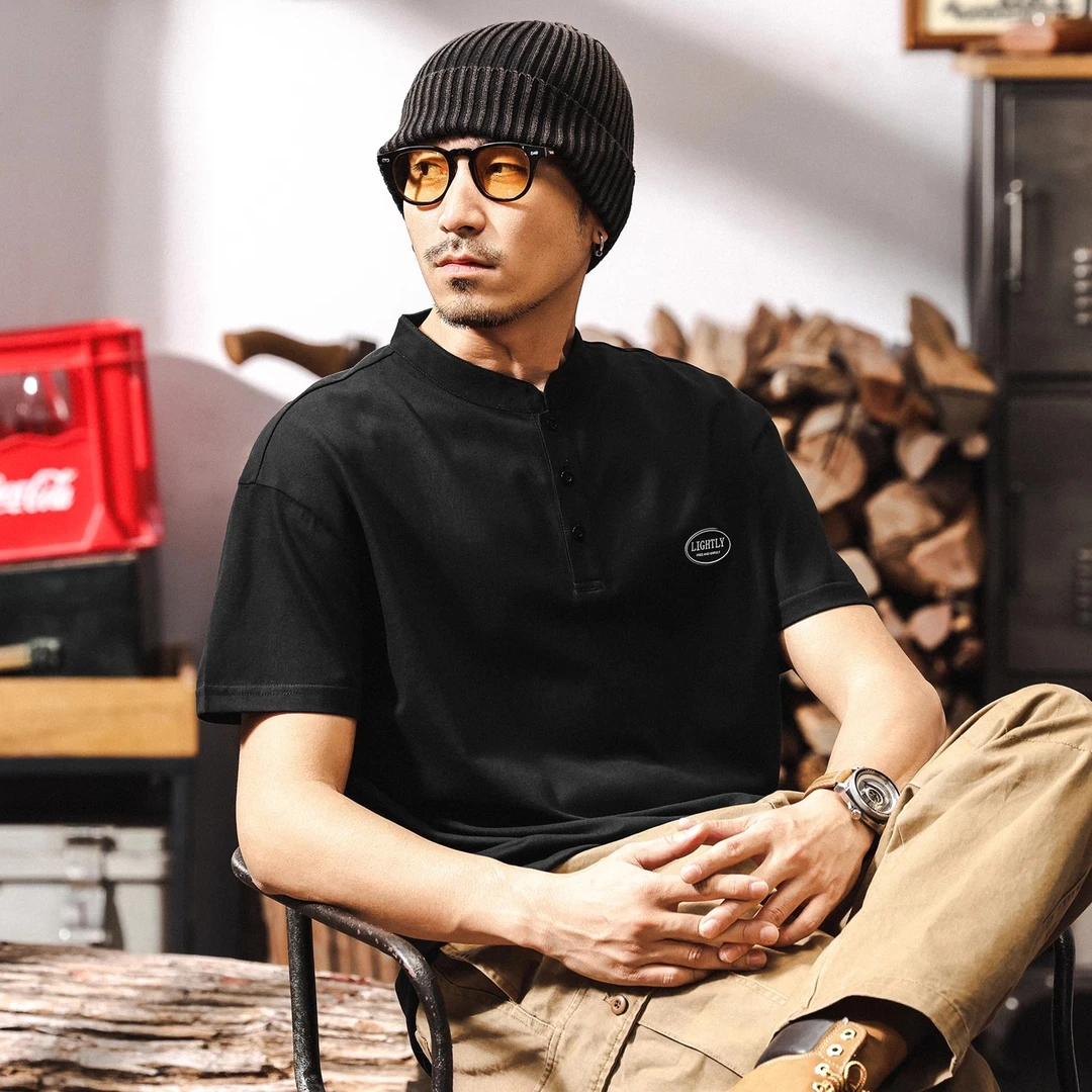 中式立领国潮复古Polo衫男短袖夏季新款潮牌亨利领t恤男宽松上衣