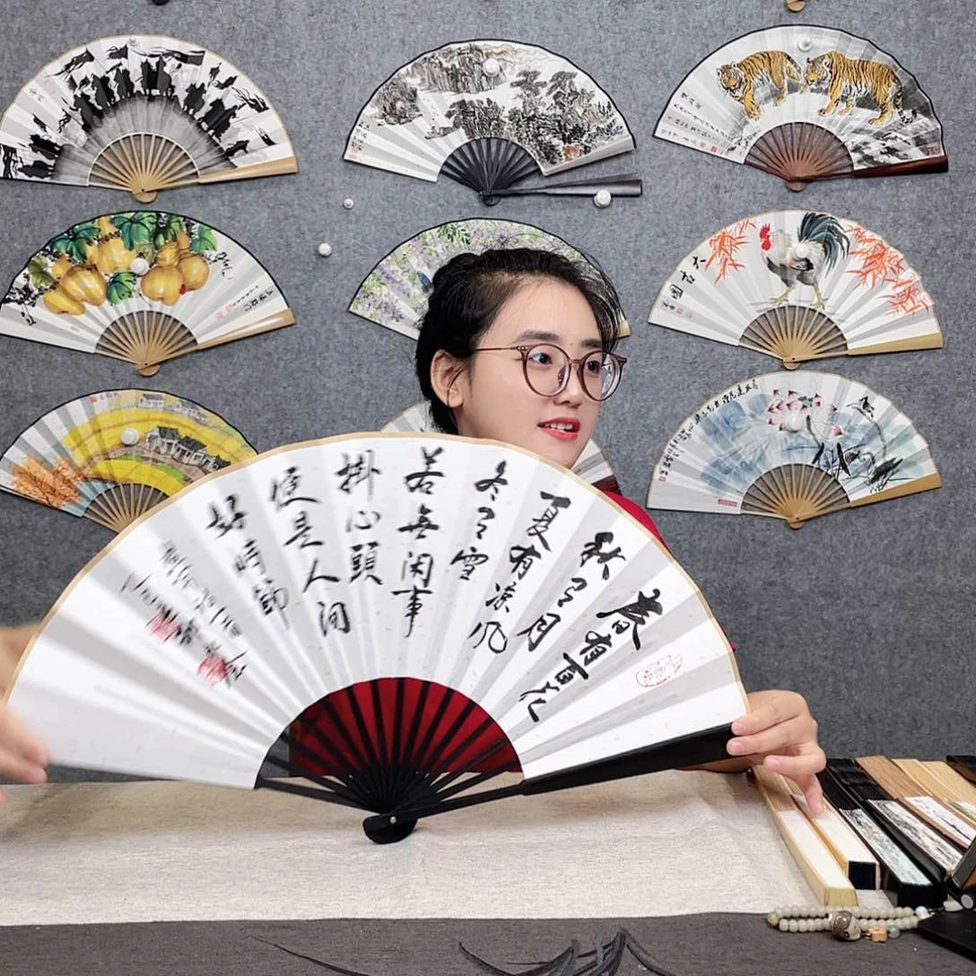 国画10寸-仿乌木福利折扇（默认粘好）春有百花