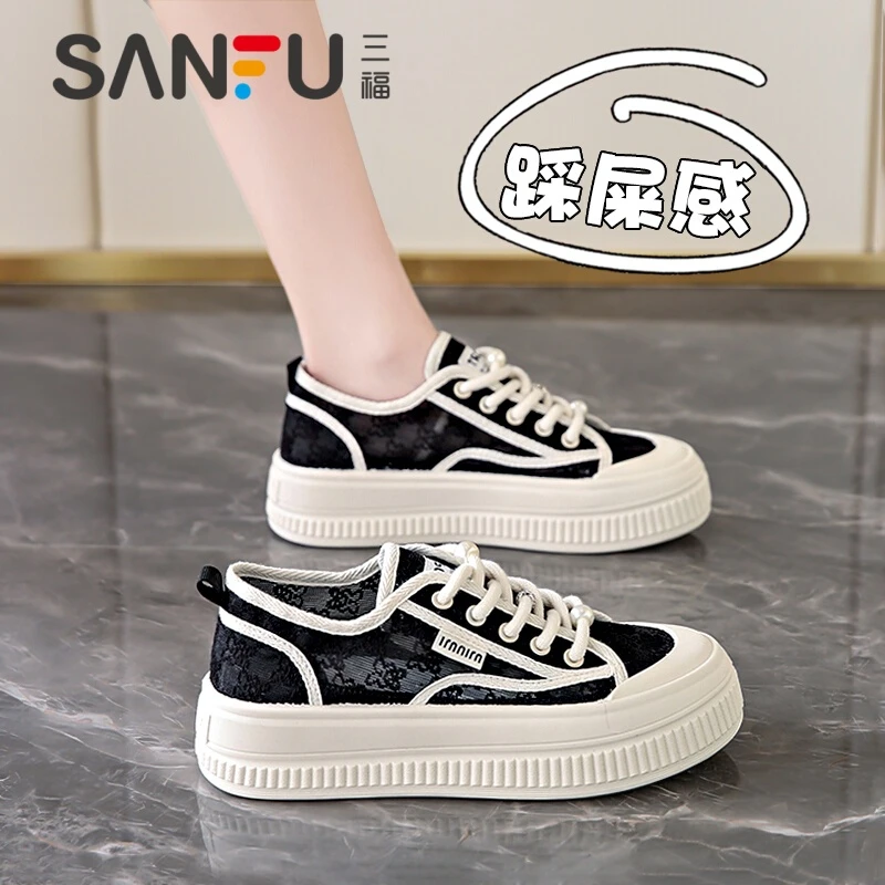 三福女鞋夏季透气网鞋2025新款网面渔夫鞋厚底板鞋薄款爆款帆布鞋