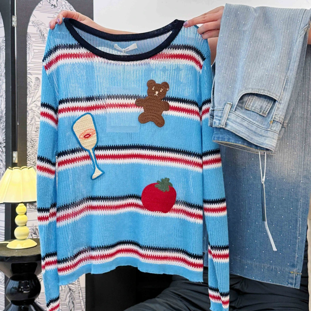 小熊饼干蓝色条纹长袖T恤宽松型休闲夏秋季常规款上衣DP8030