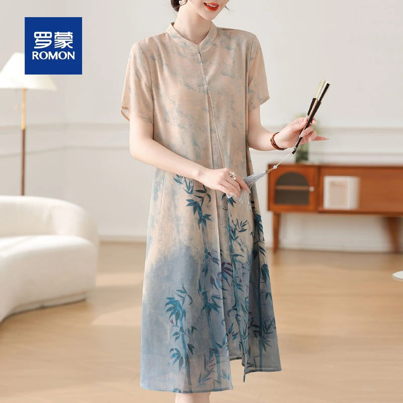 罗蒙中老年妈妈新中式国风雪纺连衣裙贵夫人高贵短袖改良旗袍裙女