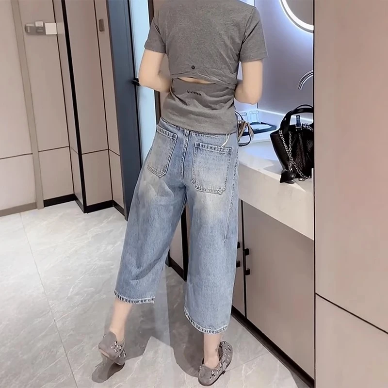 夏季梨形身材弹力牛仔裤女大码胖妹妹高腰显瘦修身百搭八分阔腿裤