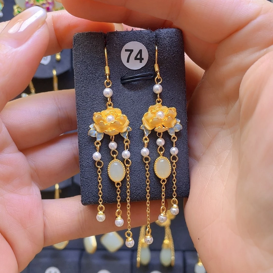 和田玉银S925镀金镶嵌耳饰