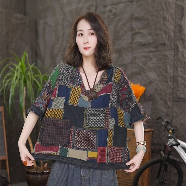 大码女装2025夏季新款韩版时尚复古民族风遮肉显瘦大版衫（新）