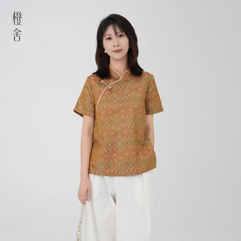 橙舍『茶烟里』夏新款复古国风新中式桑蚕丝茶香宋锦上衣S01-16551