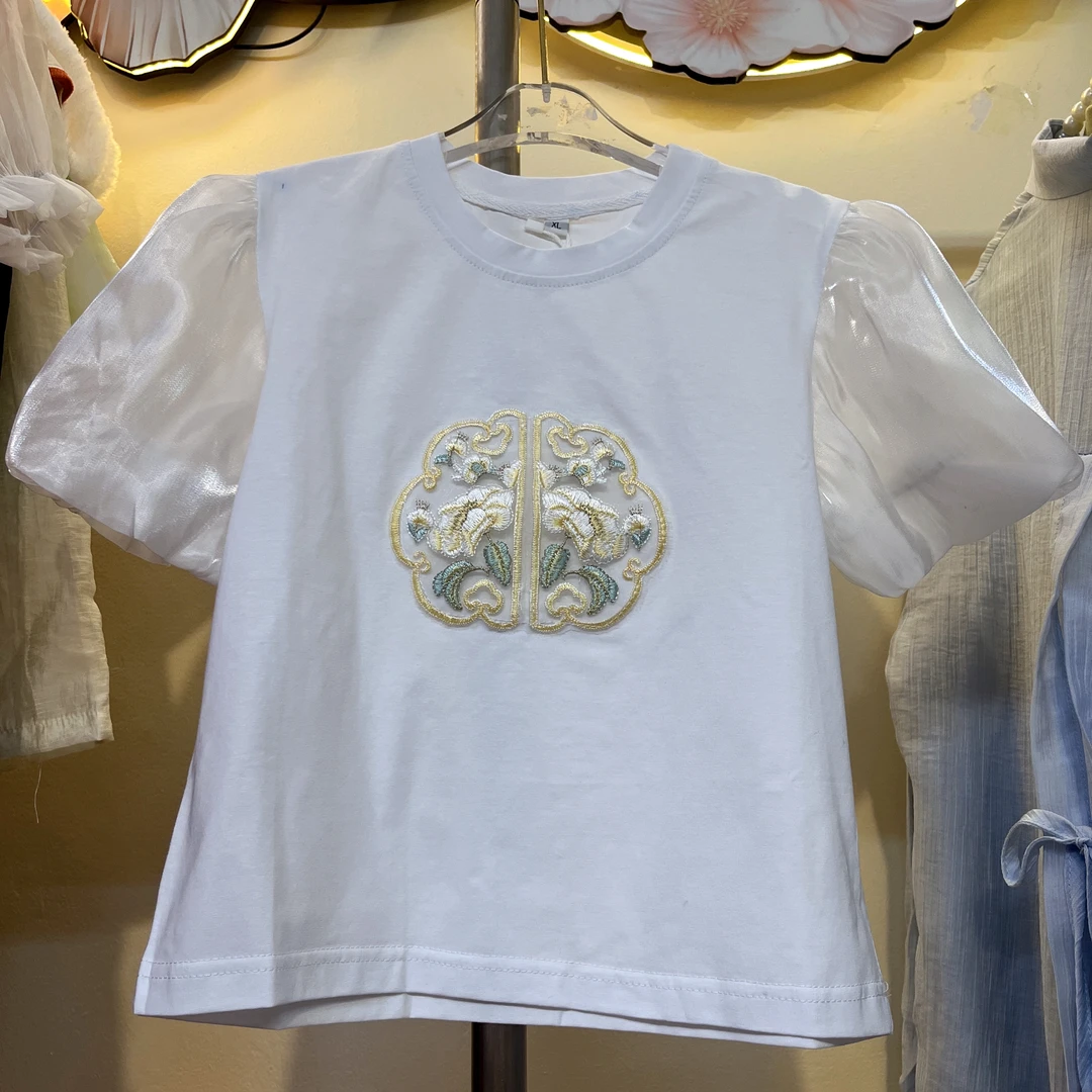 625哈哈家女童夏季国风刺绣泡泡袖短袖T恤特价