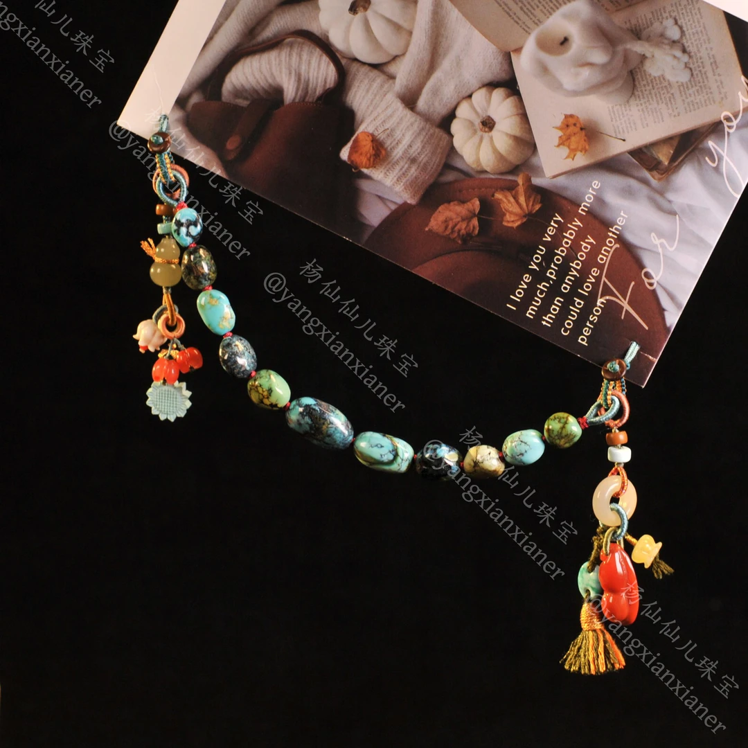 【杨仙仙珠宝】银镶嵌绿松石多宝手机链-A1656