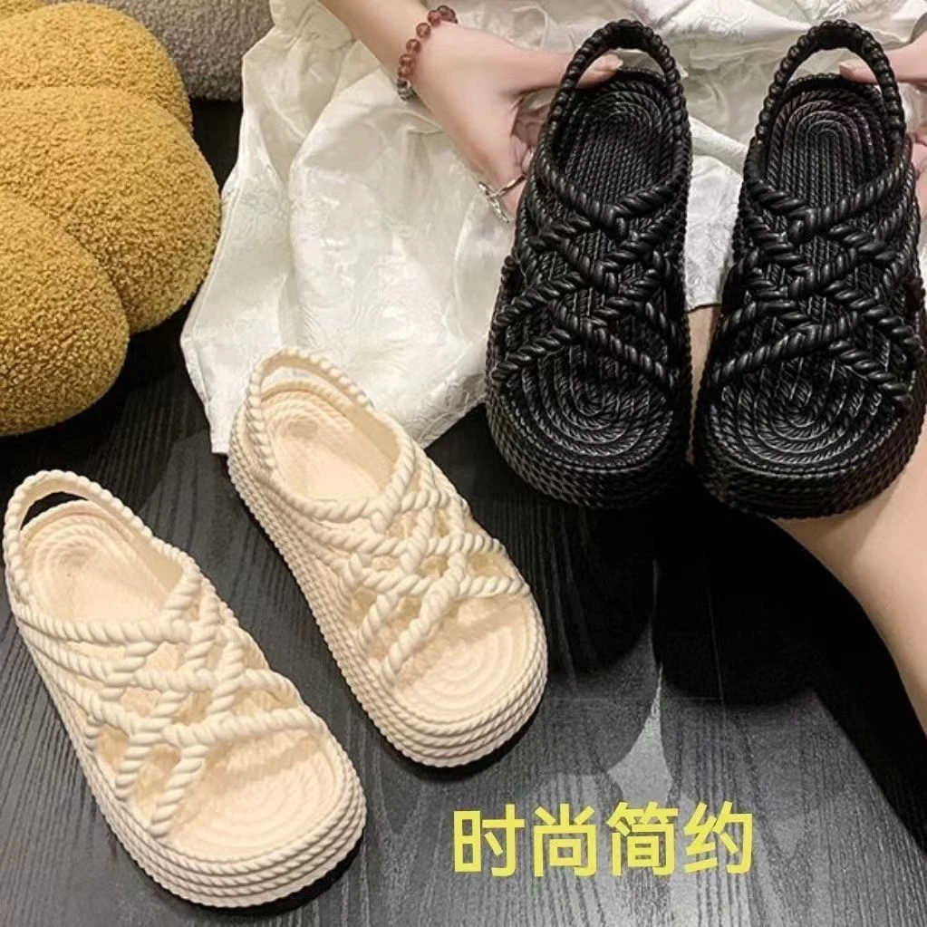 【90%好评率】平底凉鞋女2023夏季新款仿编织松糕软厚底孕妇护士沙