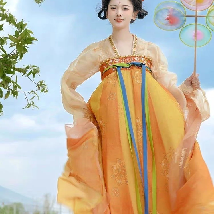 夏季常规款成人唐制汉服蔷薇襦裙中国风渐变诃子裙