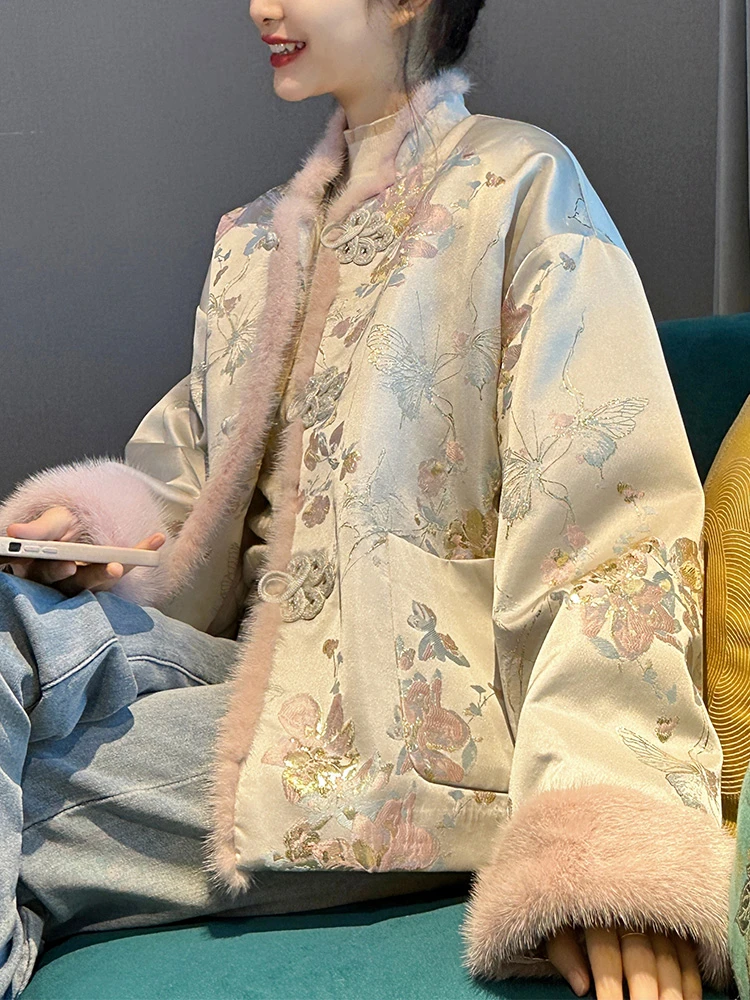 2025新款新中式国风缎面刺绣棉袄外套女秋冬季棉服唐装上衣