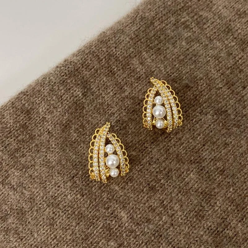 铜合金锆石耳饰 春季新款925银针蕾丝花边耳环优雅复式高级感轻奢