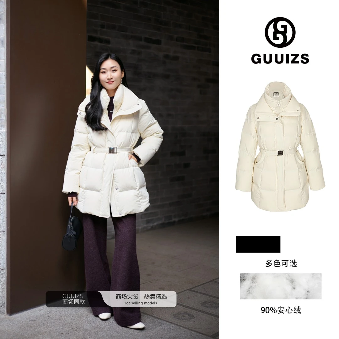 【贵姿】女士时尚防风连帽拼接中长款设计师羽冬季绒服