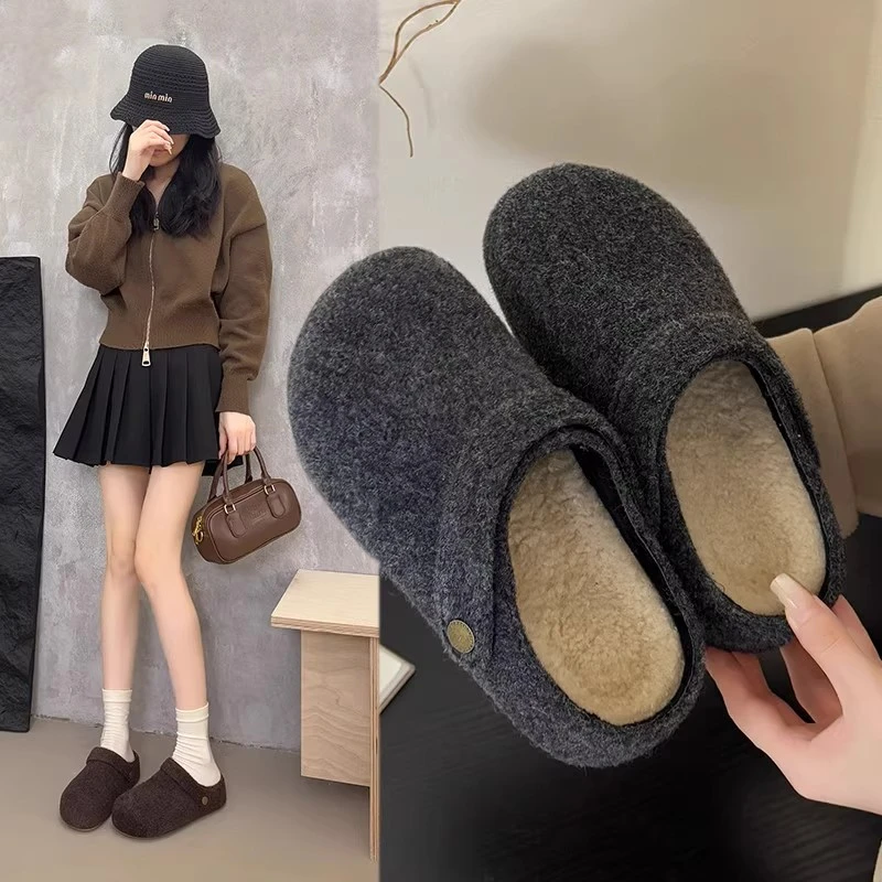 秋冬季流光风毛毡穆勒鞋包头拖鞋厚底百搭复古加绒勃肯鞋半托女鞋