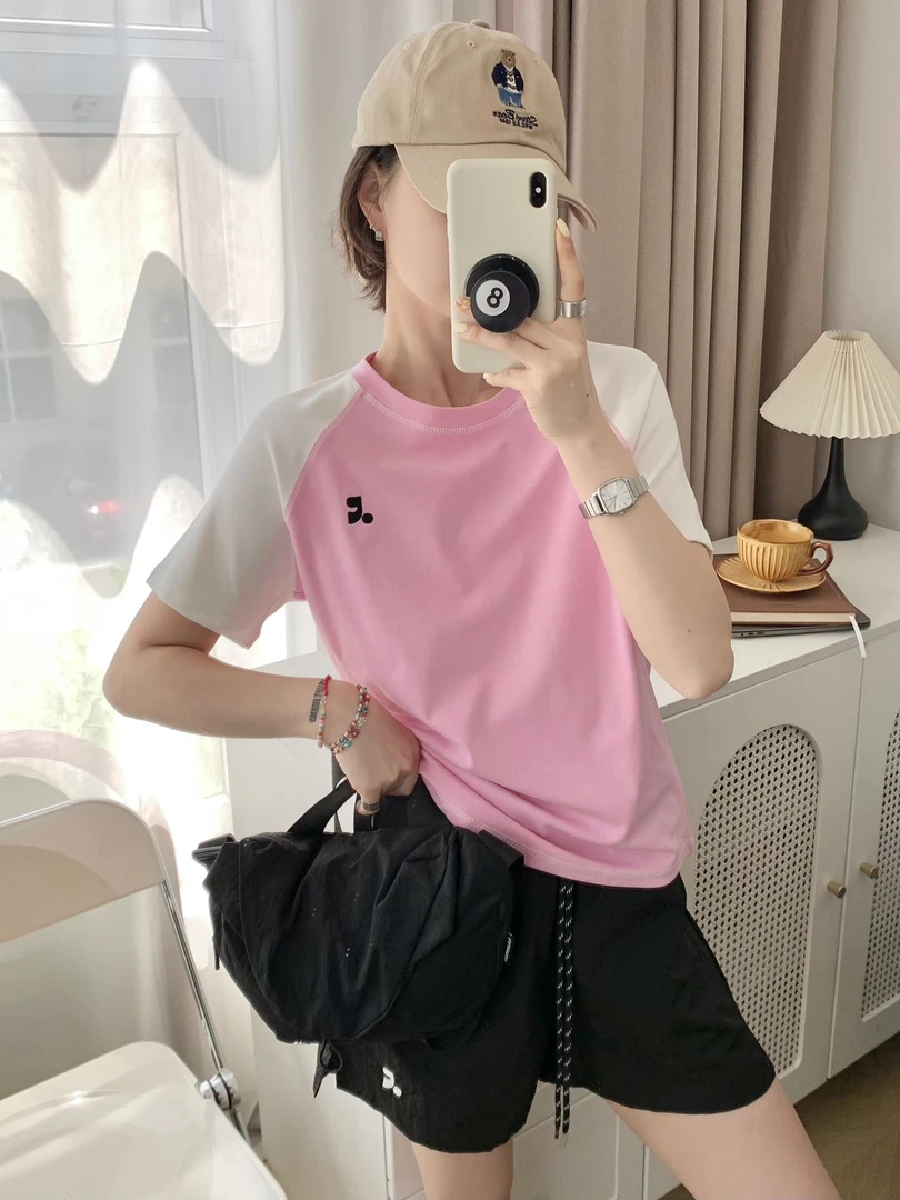 程程甄选  拼色字母刺绣设计感夏季宽松透气休闲百搭体恤8221