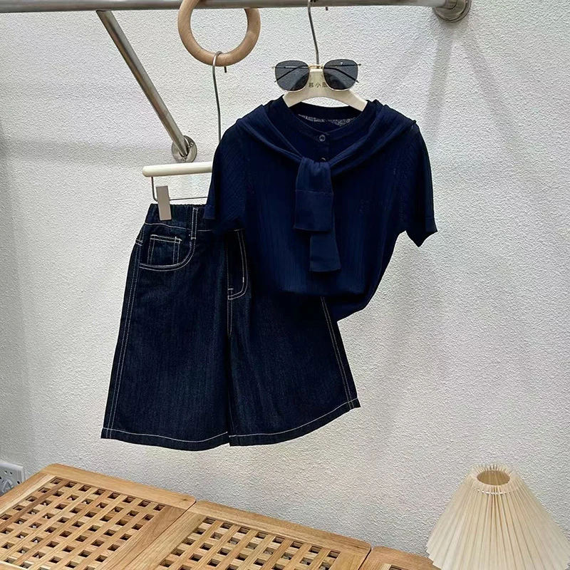 女童牛仔中裤套装2025新款儿童夏装短袖中大童裤子洋气品质童装潮