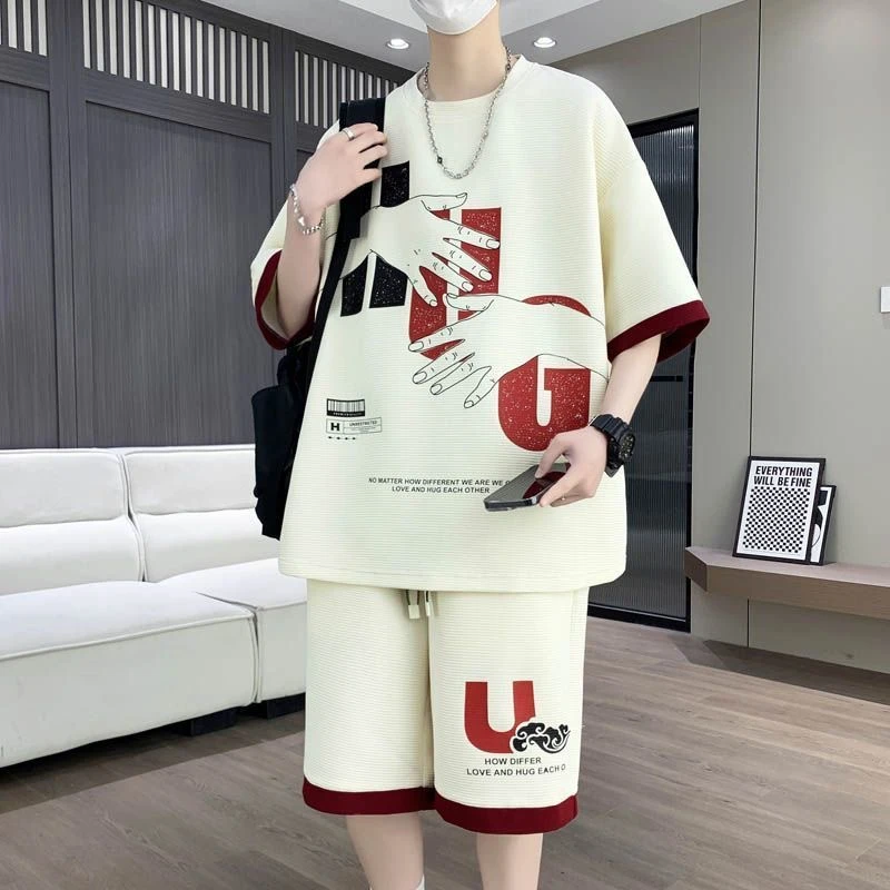 多巴胺男宽松潮流时尚运动套装夏季青少年学生短袖T恤印花两件套