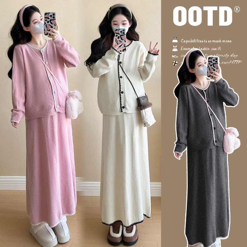 V1#1.26~孕妇秋装连衣裙套装大码时尚潮妈新款开衫+半身裙两件套