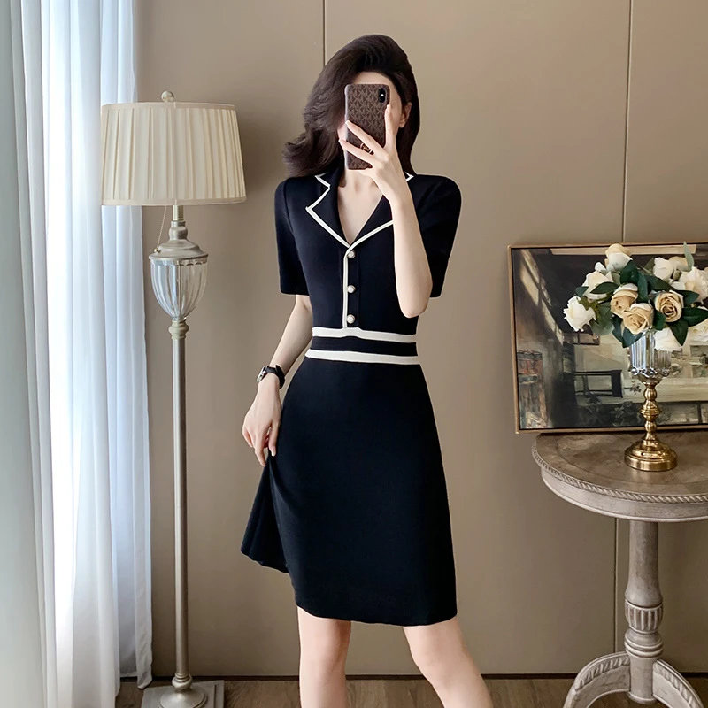 小个子裙子白色冰丝针织气质女四季青收腰感新款短袖高腰A字小黑