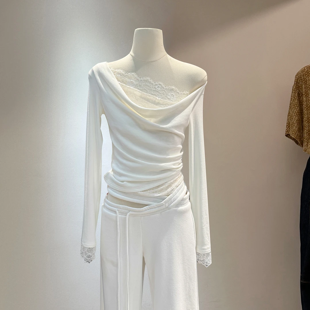 2025春夏新款法式荡领拼接蕾丝假两件长袖T恤时尚显瘦褶皱上衣女