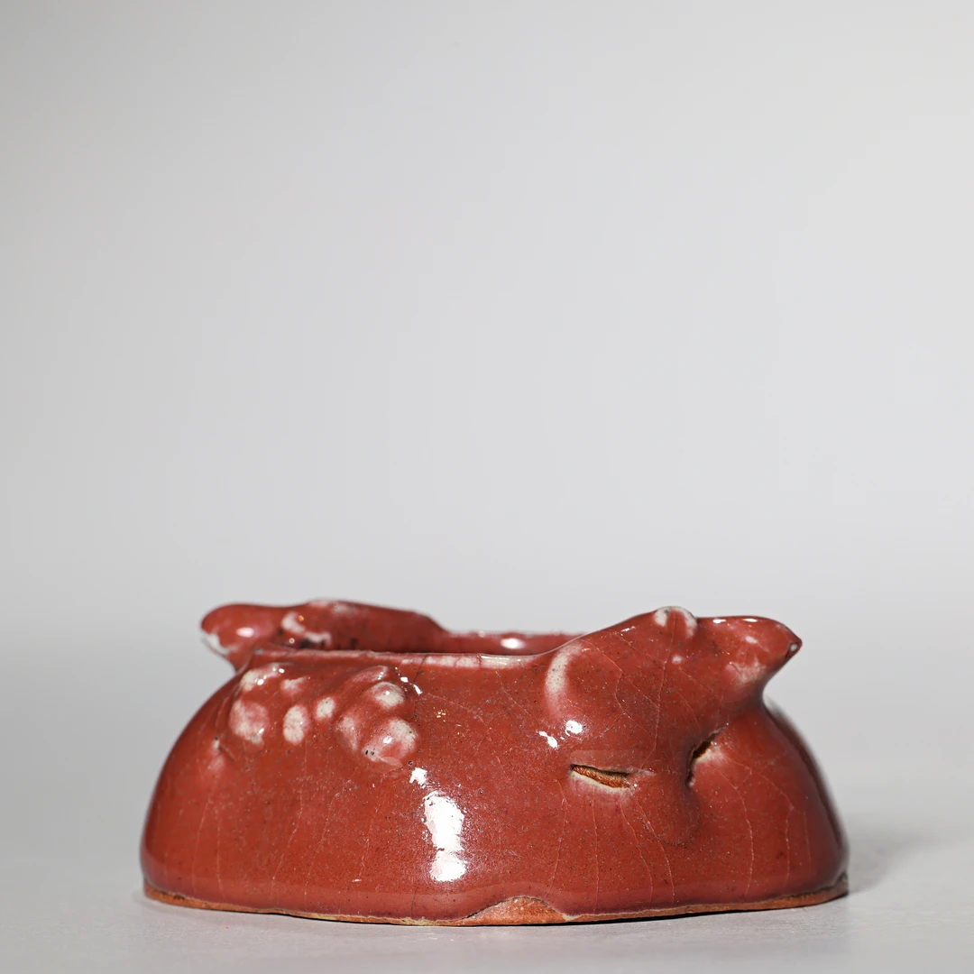 【预展专用】3921清中期·红釉堆塑水盂【古董拍卖】