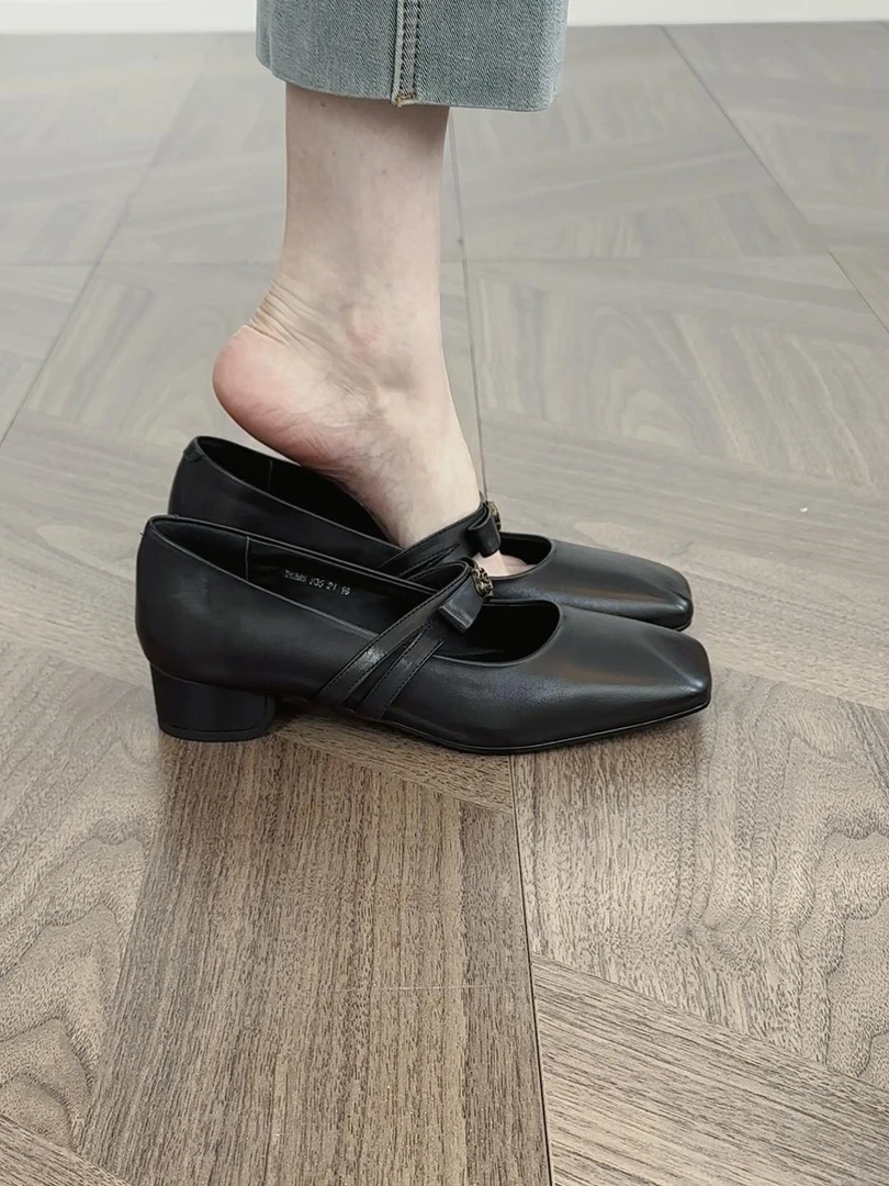 ZHZG｜ 金属装饰粗跟蝴蝶结浅口修面单鞋鞋子皮鞋跟鞋中跟