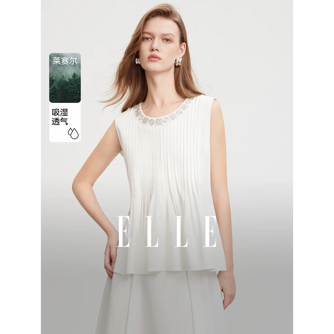 【商场同款】ELLE风琴褶设计感无袖小衫女2025夏季新款L8SMC135
