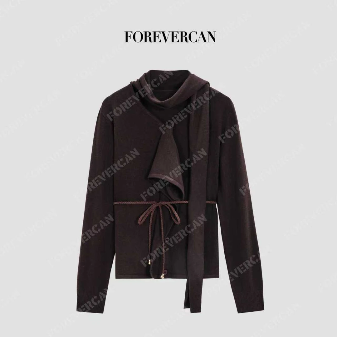 FOREVERCAN“乌木”知识分子立裁荷叶边飘带不对称门襟开衫MY4736