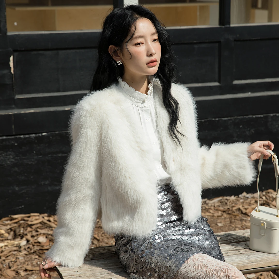 霜夜月丨仿蓝狐坎毛晕染霜色夹克短款环保毛毛仿皮草外套8935