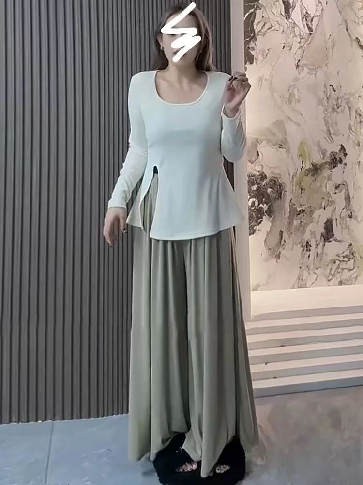 小九九 u领开衩收腰上衣阔腿裤秋季新款显瘦套装99581衣/872裤