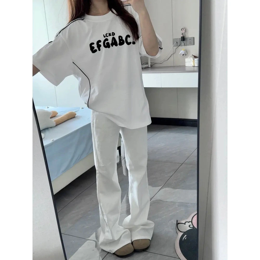 100%纯棉潮牌字母印花反光条拼接设计短袖t恤女夏季正肩圆领上衣