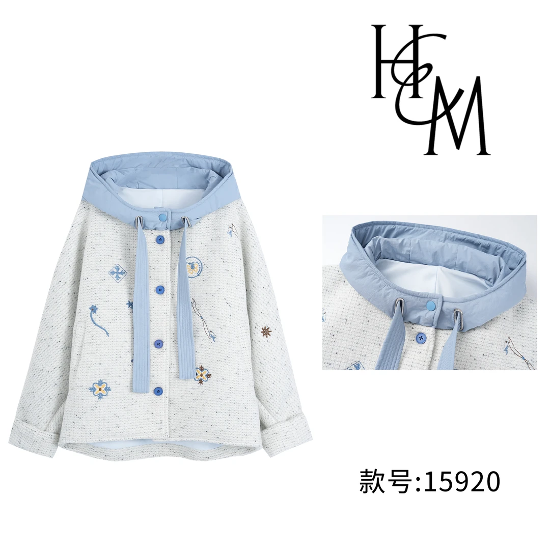 HUIERMAN/慧尔曼时尚设计款秋冬慵懒风拼接刺绣连帽厚外套【15920】
