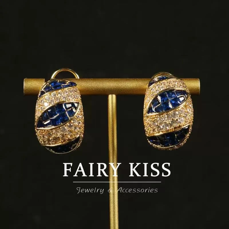 铜合金琉璃耳饰 微镶耳饰中古金色复古少女风蓝色耳钉女时尚