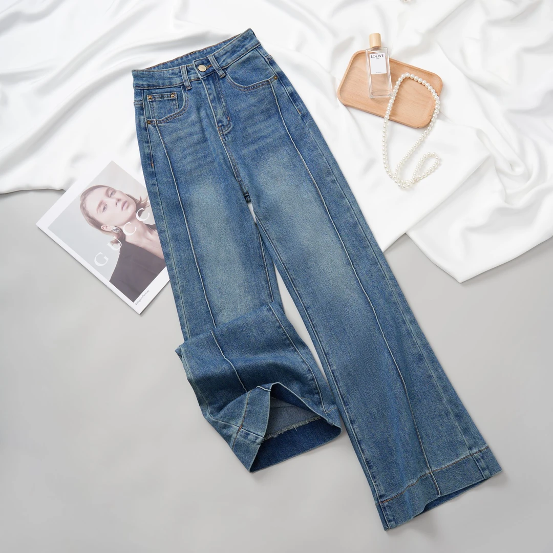 加绒新款怀旧蓝高腰阔腿牛仔裤女百搭直筒啦裤微喇直筒高腰