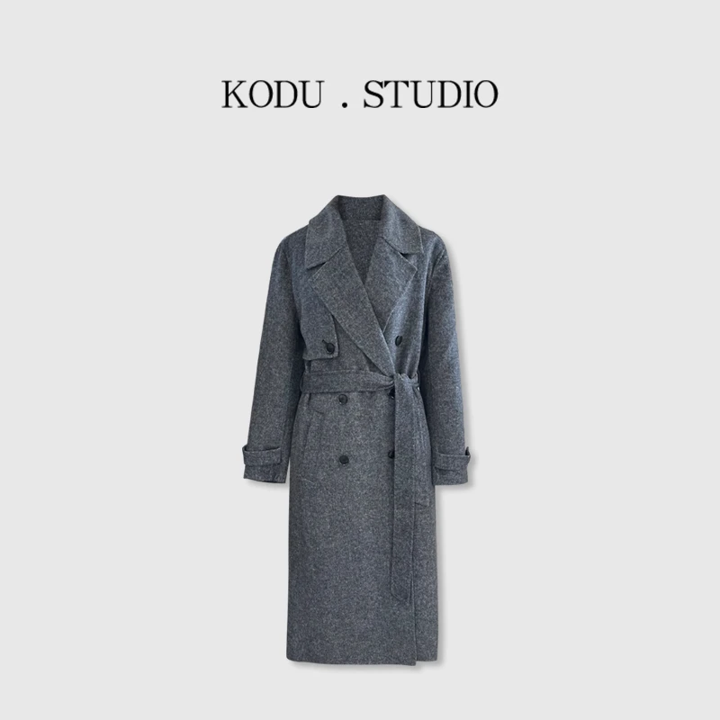 【五一大促刻度KODU】01-WT2953人字纹翻领双排扣腰带长款毛呢大衣